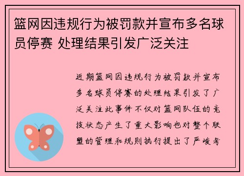 篮网因违规行为被罚款并宣布多名球员停赛 处理结果引发广泛关注