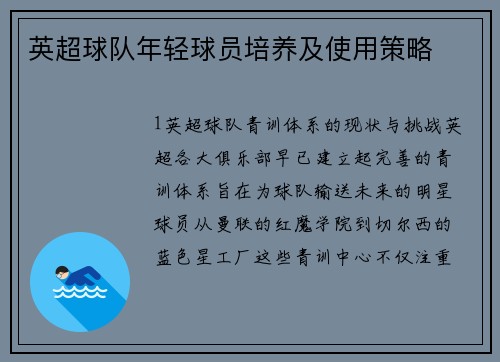 英超球队年轻球员培养及使用策略