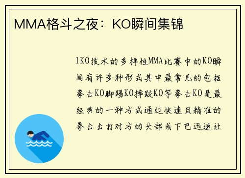 MMA格斗之夜：KO瞬间集锦
